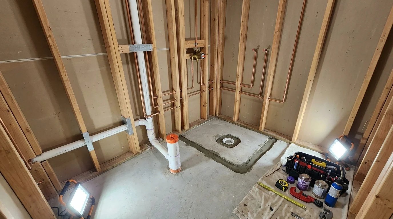 Bathroom rough-in plumbing during remodel by Johns Plumbing LLC in Loveland