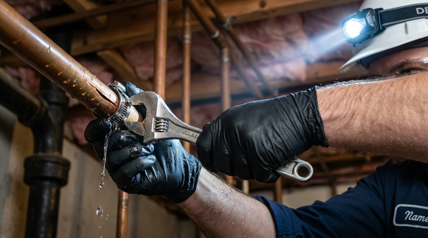 Emergency pipe clamp repair being performed by a Johns Plumbing LLC plumber in Loveland