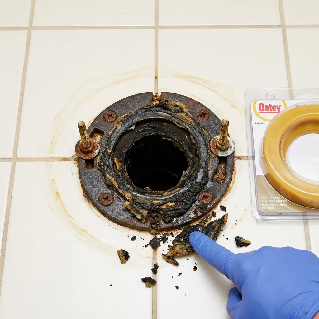 Failed wax ring showing water seepage at the base of a toilet in a Loveland, CO home