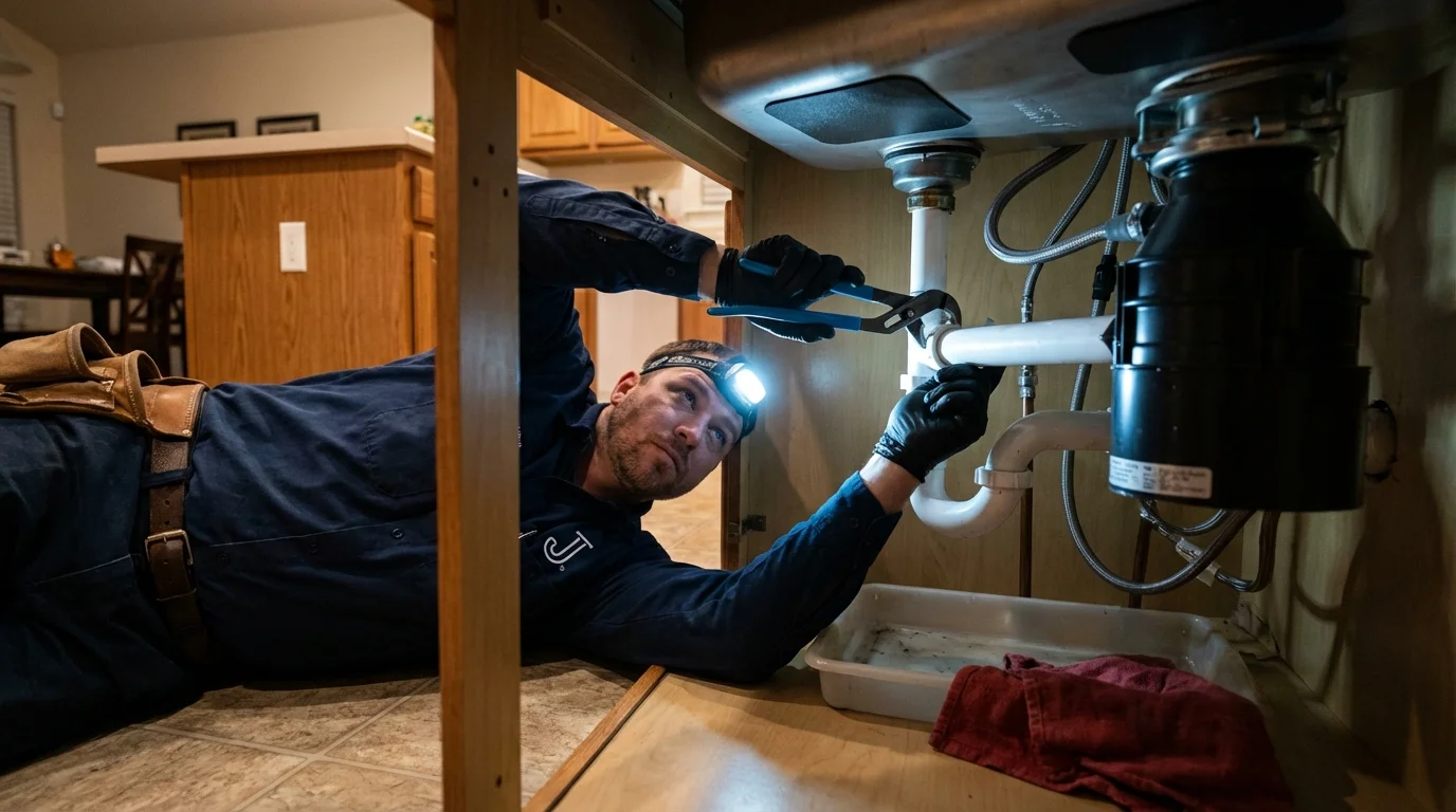 P-trap and supply line connections under a kitchen sink showing a common leak point in Loveland, CO